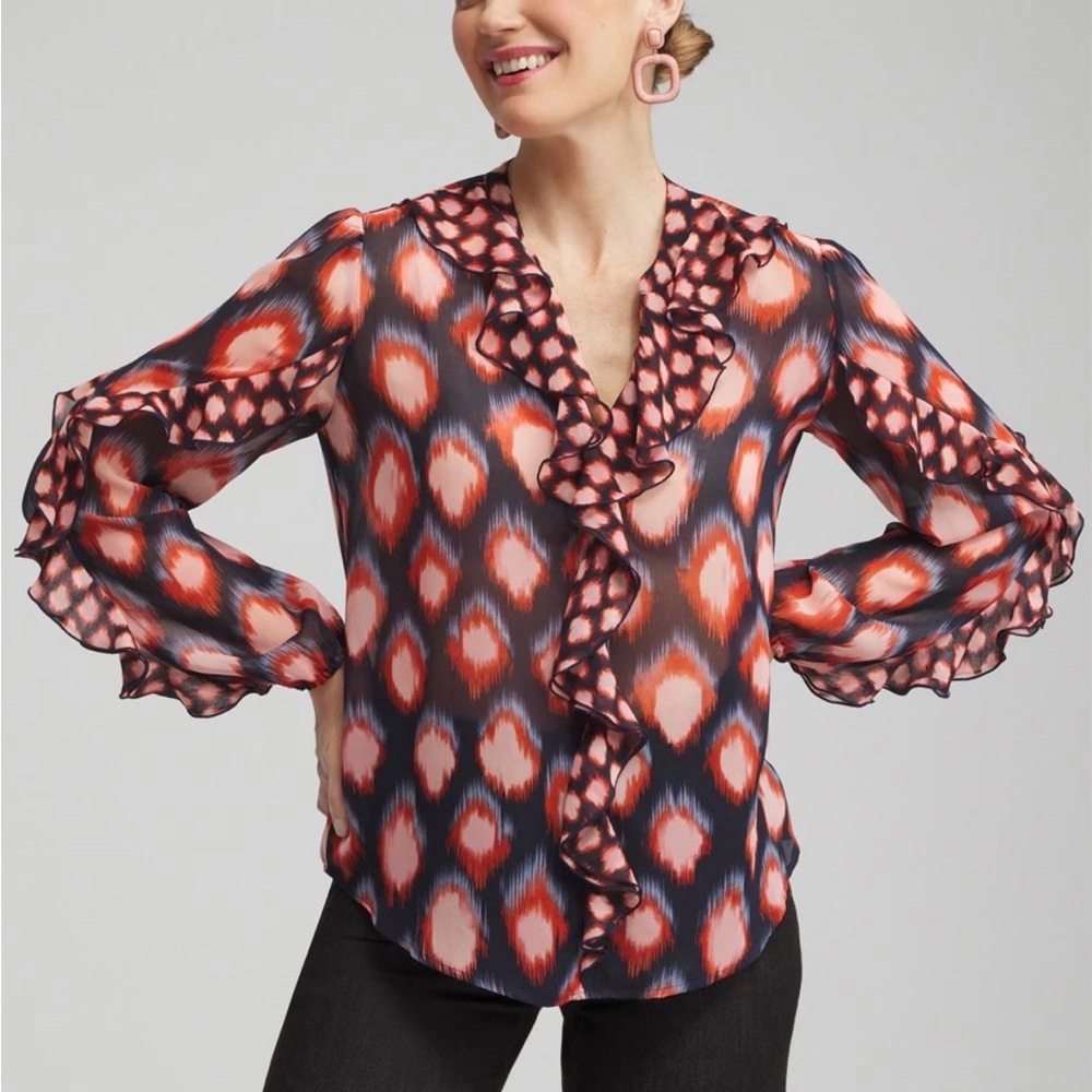 Chico's Jacquard Ikat Navy Print Ruffled Long Sleeve Top Women’s 12 Career Work